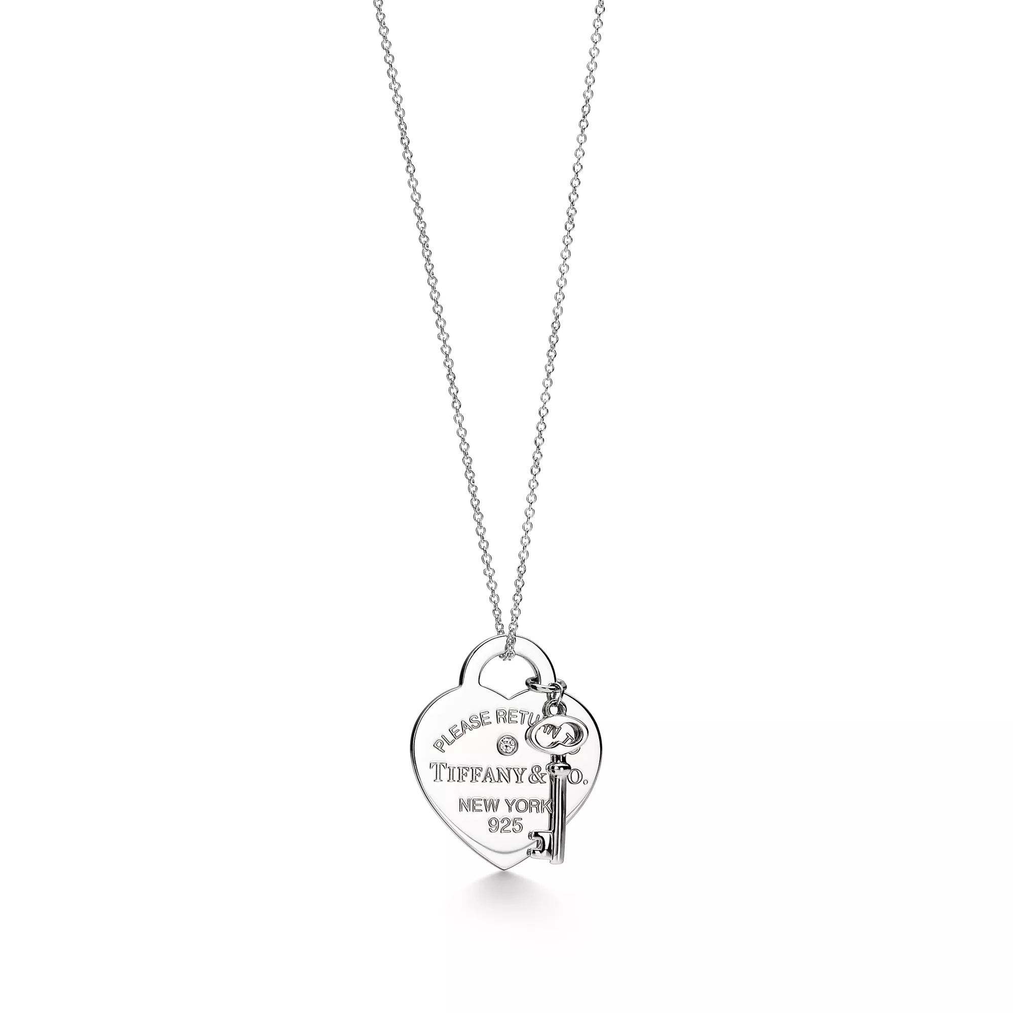 Tiffany Replica Heart Tag and Key Necklace in Sterling Silver with a Diamond, Medium